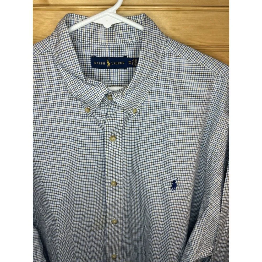 Ralph Lauren Button Down Shirt Men's 2XL XXL Blue & Brown on White Check Pattern